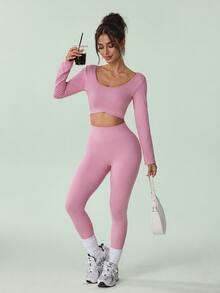Sovereign Charm Women's Backless Long Sleeve Yoga Set - Pink - View 1