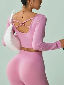 Sovereign Charm Women's Backless Long Sleeve Yoga Set - Pink - View 7