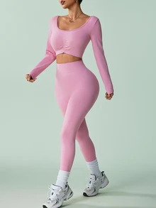 Sovereign Charm Women's Backless Long Sleeve Yoga Set - Pink - View 3