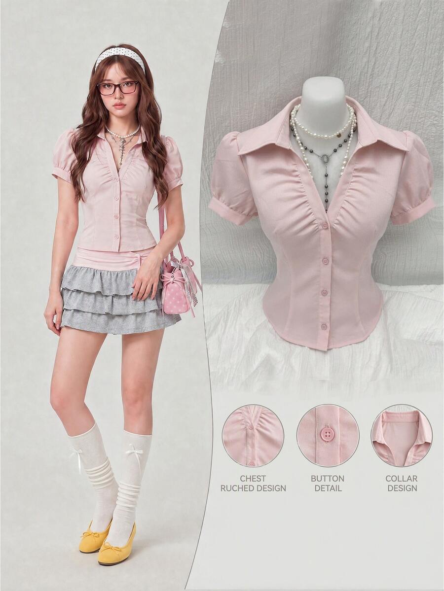 Elamini Women's V-Neck Ruched Light Pink,Summer,Elegant,Tea Party Short Sleeve Blouse,Waist Cinching Fitted French Style Office Wear Classy Formal Attire - Dusty Pink - View 1