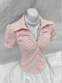Elamini Women's V-Neck Ruched Light Pink,Summer,Elegant,Tea Party Short Sleeve Blouse,Waist Cinching Fitted French Style Office Wear Classy Formal Attire - Dusty Pink - View 6