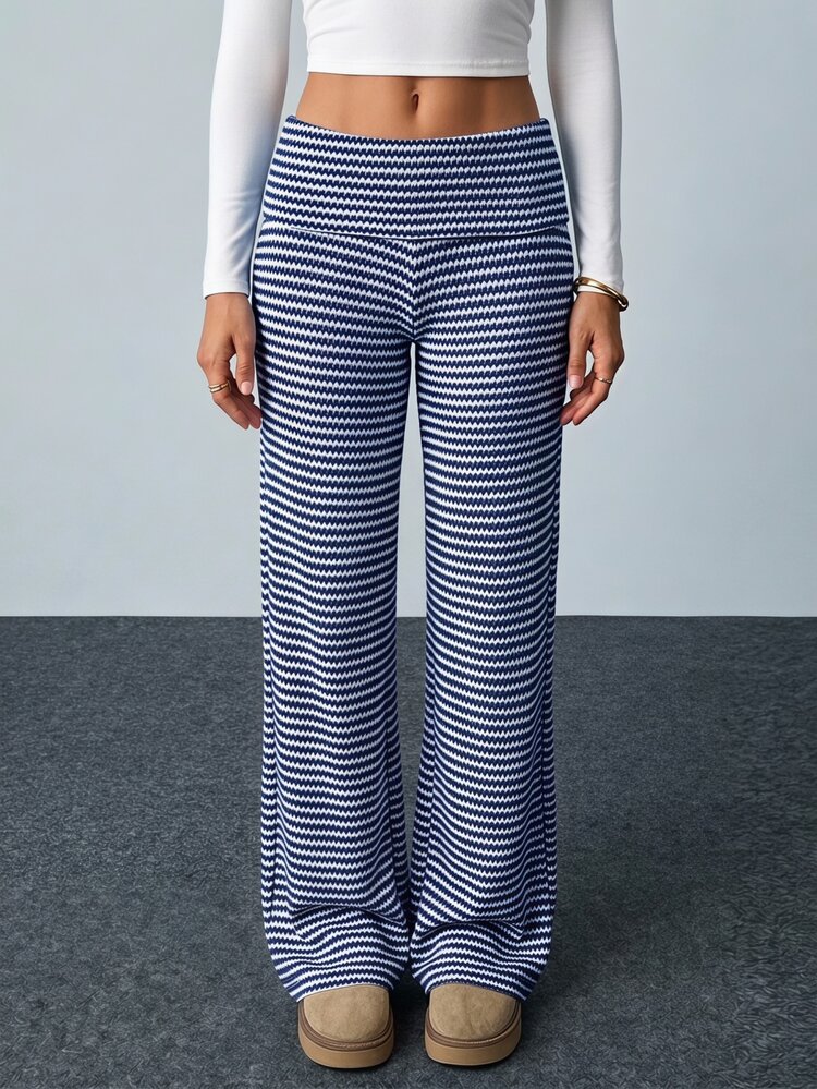 SHEIN Tall Women's Casual Khaki Striped Trousers For Work And Leisure - Blue - View 7