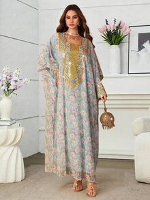 Al Najma 女款端莊優雅春夏時尚薄荷綠碎花方領金線刺繡飾邊寬袖飄逸長裙，適合派對、賓客、拜訪場合 - 彩色 - 查看 8