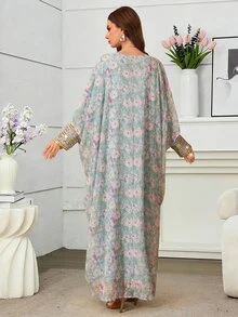 Al Najma 女款端莊優雅春夏時尚薄荷綠碎花方領金線刺繡飾邊寬袖飄逸長裙，適合派對、賓客、拜訪場合 - 彩色 - 查看 3