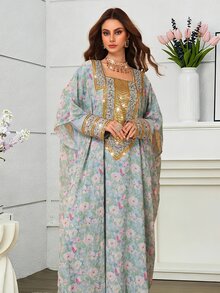 Al Najma 女款端莊優雅春夏時尚薄荷綠碎花方領金線刺繡飾邊寬袖飄逸長裙，適合派對、賓客、拜訪場合 - 彩色 - 查看 6
