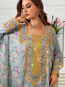 Al Najma 女款端莊優雅春夏時尚薄荷綠碎花方領金線刺繡飾邊寬袖飄逸長裙，適合派對、賓客、拜訪場合 - 彩色 - 查看 9