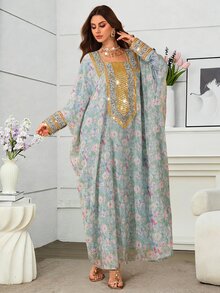 Al Najma 女款端莊優雅春夏時尚薄荷綠碎花方領金線刺繡飾邊寬袖飄逸長裙，適合派對、賓客、拜訪場合 - 彩色 - 查看 7