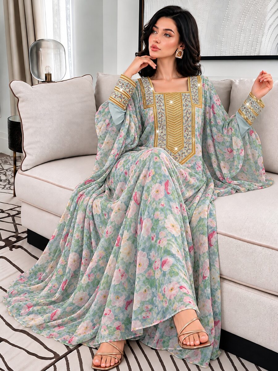 Al Najma 女款端莊優雅春夏時尚薄荷綠碎花方領金線刺繡飾邊寬袖飄逸長裙，適合派對、賓客、拜訪場合
