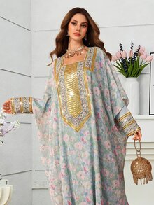 Al Najma 女款端莊優雅春夏時尚薄荷綠碎花方領金線刺繡飾邊寬袖飄逸長裙，適合派對、賓客、拜訪場合 - 彩色 - 查看 4