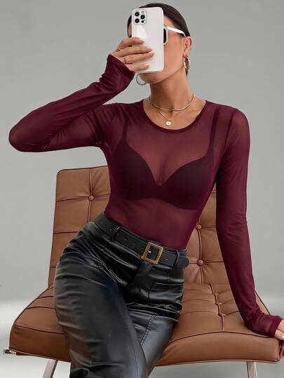 SHEIN Tall Top de manga larga de malla transparente sexy de cuello redondo de unicolor para mujeres altas