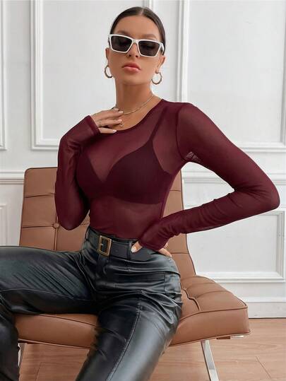 SHEIN Tall Top de manga larga de malla transparente sexy de cuello redondo de unicolor para mujeres altas