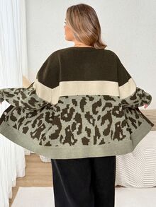 SHEIN CURVE+ Fashionable New Plus Size Women's Colorblock Green Leopard Print Tassel Crew Neck Drop Shoulder Long Sleeve Cardigan Casual Versatile Sweater Jacket - Multicolor - View 3