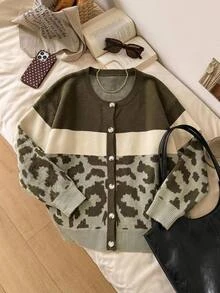 SHEIN CURVE+ Fashionable New Plus Size Women's Colorblock Green Leopard Print Tassel Crew Neck Drop Shoulder Long Sleeve Cardigan Casual Versatile Sweater Jacket - Multicolor - View 4
