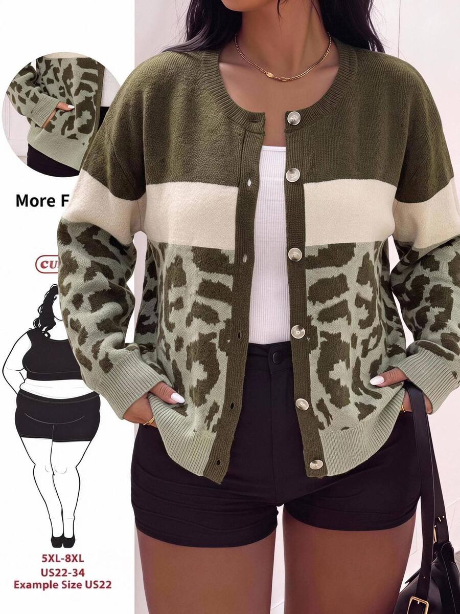 SHEIN CURVE+ Fashionable New Plus Size Women's Colorblock Green Leopard Print Tassel Crew Neck Drop Shoulder Long Sleeve Cardigan Casual Versatile Sweater Jacket - Multicolor - View 1