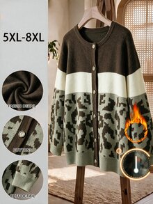 SHEIN CURVE+ Fashionable New Plus Size Women's Colorblock Green Leopard Print Tassel Crew Neck Drop Shoulder Long Sleeve Cardigan Casual Versatile Sweater Jacket - Multicolor - View 6