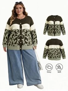 SHEIN CURVE+ Fashionable New Plus Size Women's Colorblock Green Leopard Print Tassel Crew Neck Drop Shoulder Long Sleeve Cardigan Casual Versatile Sweater Jacket - Multicolor - View 2