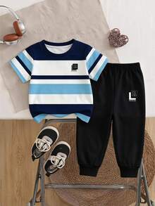 Young Boy Autumn New Casual Minimalist Loose Comfortable Sports Style Crew Neck Short Sleeve & Long Pants 2 Pieces Set Kids - Multicolor - View 3