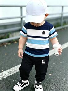 Young Boy Autumn New Casual Minimalist Loose Comfortable Sports Style Crew Neck Short Sleeve & Long Pants 2 Pieces Set Kids - Multicolor - View 4