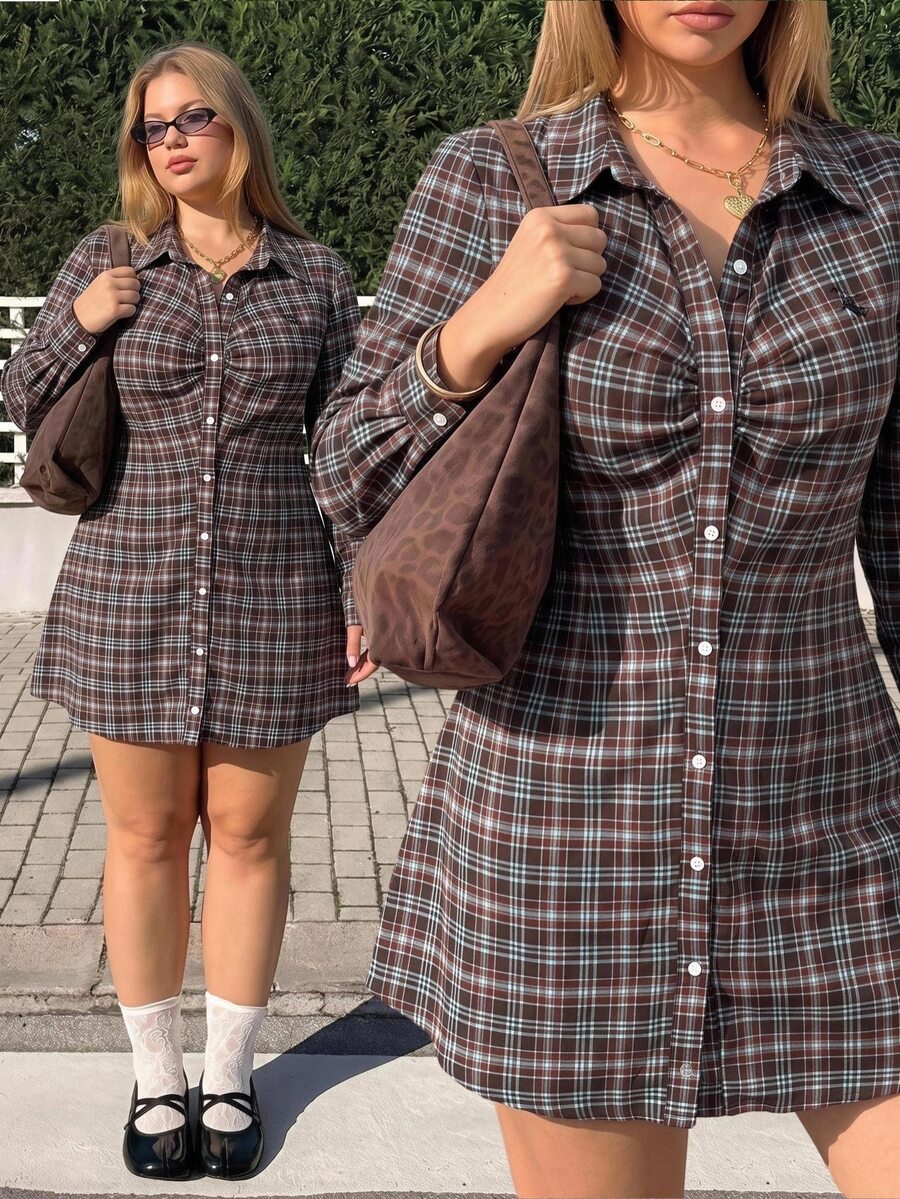GalTyme 大尺碼街頭風復古休閒格紋鈕扣抓皺長袖洋裝 秋季夜店生日穿搭 棕色 - 彩色 - 查看 1