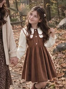 SHEIN Tween Girl Long Sleeve Homecoming Dress Halloween Outfit Fall Style US Fall Style - Brown - View 2