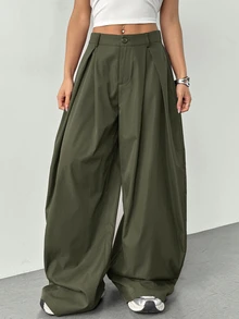 SHEIN Tall 女士夏季复古返校休闲嬉皮街头宽松黑色背带裤，高个秋冬款式 - 軍綠色 - 查看 7