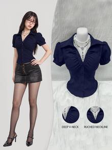 Elamini V-Neck Ruched Cutout Waist Women's Short Sleeve Blouse, Fashionable Office Wear Women Shirt - Blue - View 2