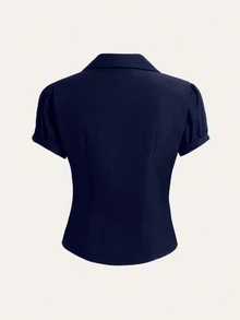 Elamini V-Neck Ruched Cutout Waist Women's Short Sleeve Blouse, Fashionable Office Wear Women Shirt - Blue - View 3