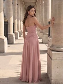 Modelyn Women's Gentle Style Pleated Halter Neck Formal Evening Gown (Heavy Craftsmanship) - Dusty Pink - View 2