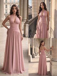 Modelyn Women's Gentle Style Pleated Halter Neck Formal Evening Gown (Heavy Craftsmanship) - Dusty Pink - View 1