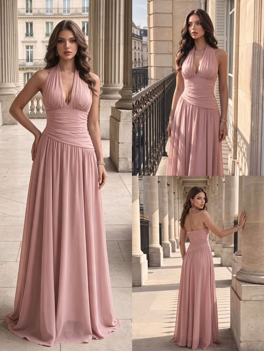 Modelyn Women's Gentle Style Pleated Halter Neck Formal Evening Gown (Heavy Craftsmanship) - Dusty Pink - View 1
