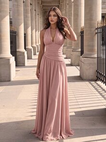Modelyn Women's Gentle Style Pleated Halter Neck Formal Evening Gown (Heavy Craftsmanship) - Dusty Pink - View 7