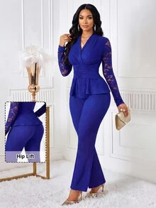 SHEIN Lady Women's Elegant Commute Office Church Dinner Lace Patchwork Top And Pants 2 Pieces Set Royal Blue Autumn - Royal Blue - View 1