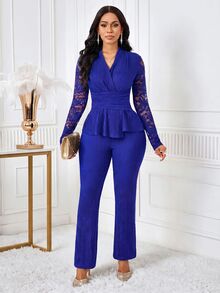 SHEIN Lady Women's Elegant Commute Office Church Dinner Lace Patchwork Top And Pants 2 Pieces Set Royal Blue Autumn - Royal Blue - View 7