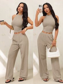 Women's Knitted White Cropped Halter Top And Casual Long Pants Set Vacation Summer - Khaki - View 4