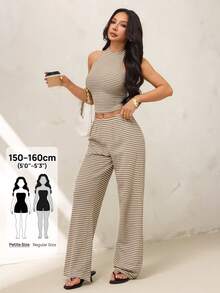 Women's Knitted White Cropped Halter Top And Casual Long Pants Set Vacation Summer - Khaki - View 11