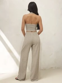 Women's Knitted White Cropped Halter Top And Casual Long Pants Set Vacation Summer - Khaki - View 2