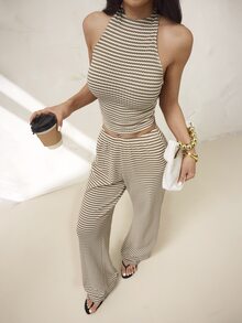 Women's Knitted White Cropped Halter Top And Casual Long Pants Set Vacation Summer - Khaki - View 3