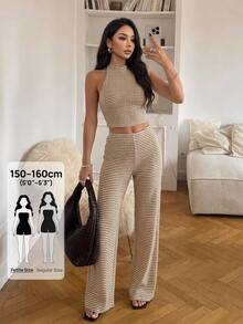 Women's Knitted White Cropped Halter Top And Casual Long Pants Set Vacation Summer - Khaki - View 5