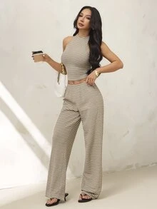 Women's Knitted White Cropped Halter Top And Casual Long Pants Set Vacation Summer - Khaki - View 1