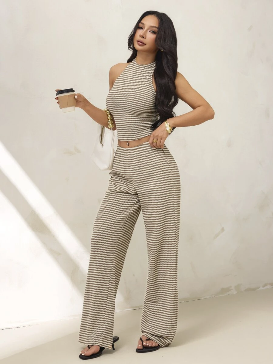 Women's Knitted White Cropped Halter Top And Casual Long Pants Set Vacation Summer - Khaki - View 1