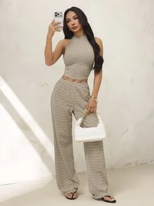 Women's Knitted White Cropped Halter Top And Casual Long Pants Set Vacation Summer - Khaki - View 7
