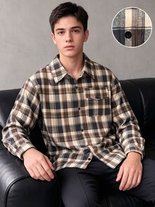 青少年男孩格紋翻領長袖襯衫，寬鬆口袋裝飾復古格紋襯衫外套，秋季感恩節假期黑色 - 卡其色 - 查看 3