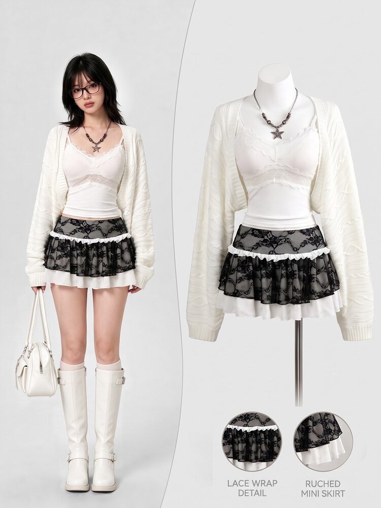 Elamini Women's Lace Patchwork Cake Skirt Halloween Clubbing Night White Summer Lace Y2k - Black and White - View 1