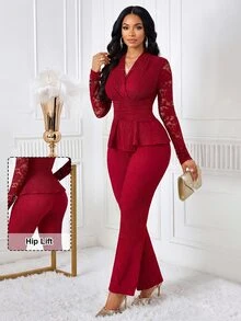 SHEIN Lady Dark Red Women's Contrast Lace Long Sleeve Top And Flared Pants Elegant Two Pieces Set Party Party Night Party Night Dinner Date Night Autumn - Burgundy - View 1