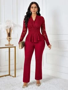 SHEIN Lady Dark Red Women's Contrast Lace Long Sleeve Top And Flared Pants Elegant Two Pieces Set Party Party Night Party Night Dinner Date Night Autumn - Burgundy - View 7