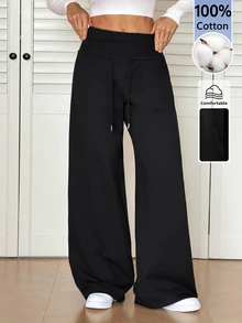 SHEIN Tall 純黑色針織抓絨抽繩腰鬆款運動長褲，秋季畢業居家休閒基礎款 - 黑色 - 查看 8