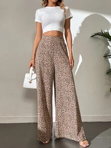 SHEIN Tall Allover Print Zip Side Wide Leg Pants, Tall Women - Khaki - View 8