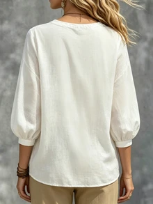 SHEIN LUNE 【印花設計】女款白色花卉夏季波西米亞度假風優雅V領七分袖亞麻質感寬鬆藝術復古純色襯衫 - 白色 - 查看 8