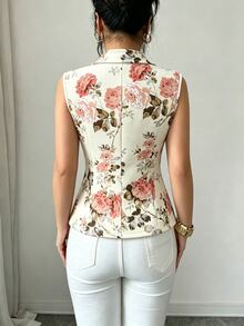 Elenzga 女款優雅休閒通勤早午餐派對花卉印花缺口領背心，夏季婚禮米白色 - 彩色 - 查看 7