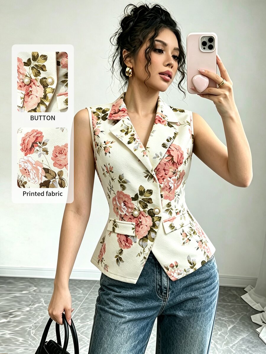 Elenzga 女款優雅休閒通勤早午餐派對花卉印花缺口領背心，夏季婚禮米白色 - 彩色 - 查看 1
